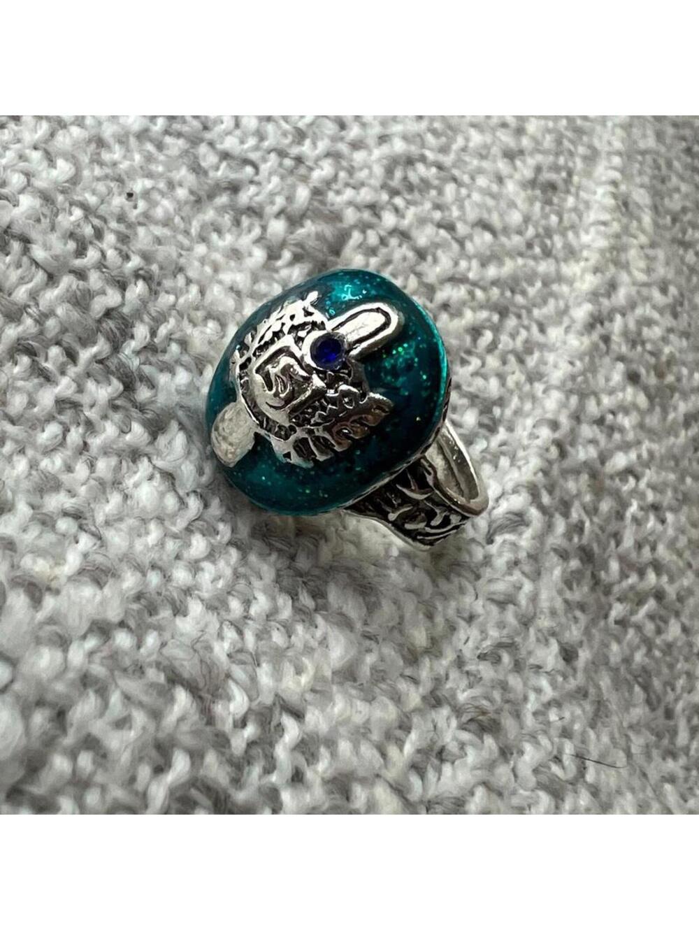 Vintage Brutalist Teal Foil Enamel Glass Statement Ring